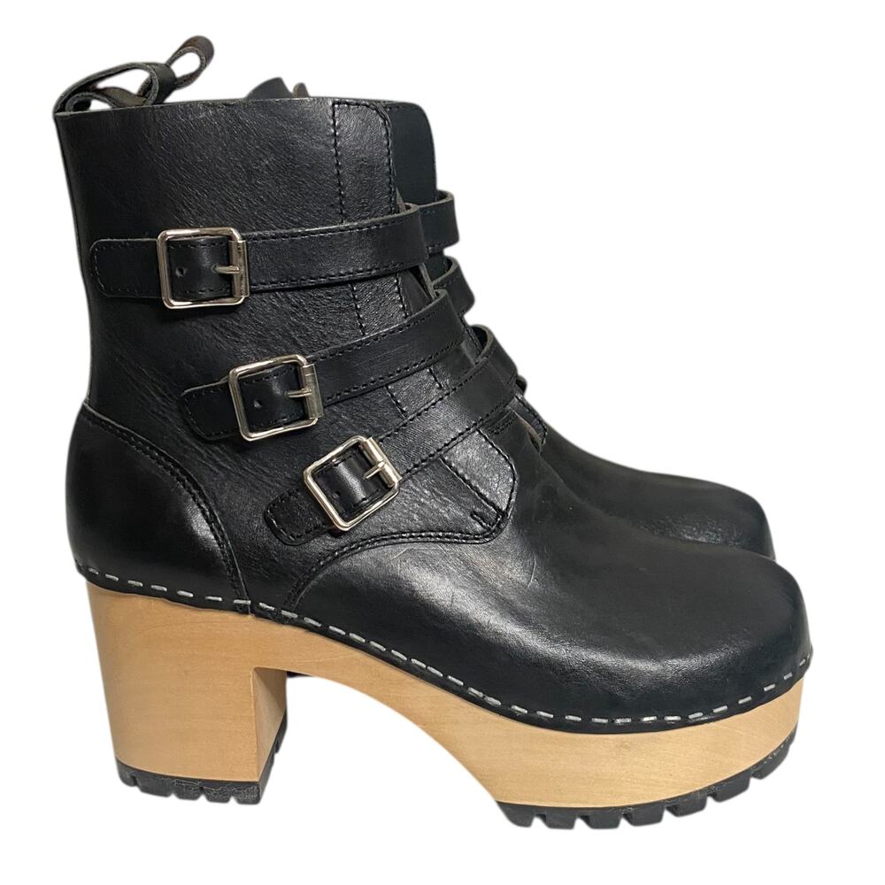 NEW Swedish Hasbeens Buckle Leather Wood Clog Boots Black 9